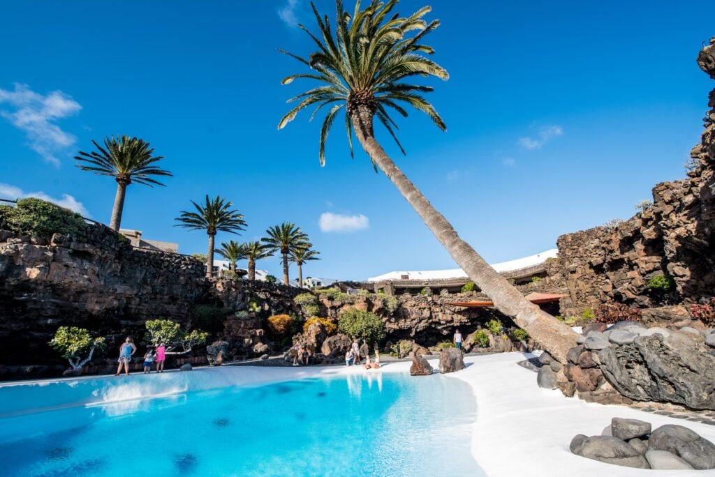 Das weiße Becken mit Palme in den Jameos del Agua auf Lanzarote